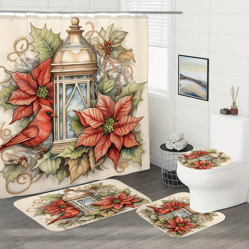 Christmas holiday shower curtain set with Bath Mat toilet lid cover-festive Cardinal and Poinsettia design-woven polyest