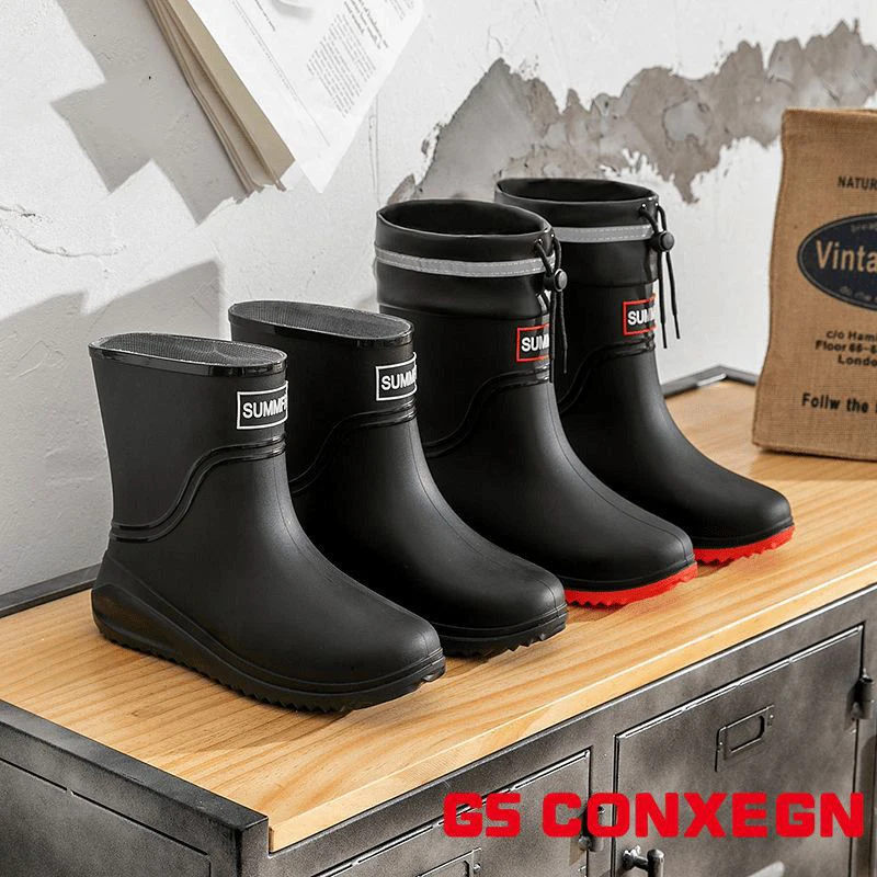 Mid-tube Rain Boots Men's New Waterproof Anti-slip Outer Rain Boots Removable Plus Velvet Drawstring Fishing Work Rubber Shoes