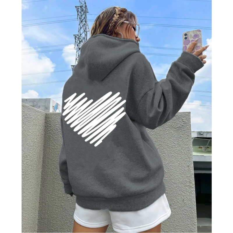 Casual Vintage Printed Love Y2K Hoodies Women Couple Fleece Warm Sweatshirts Pullover Street Loose Female Spice Holiday Clothes