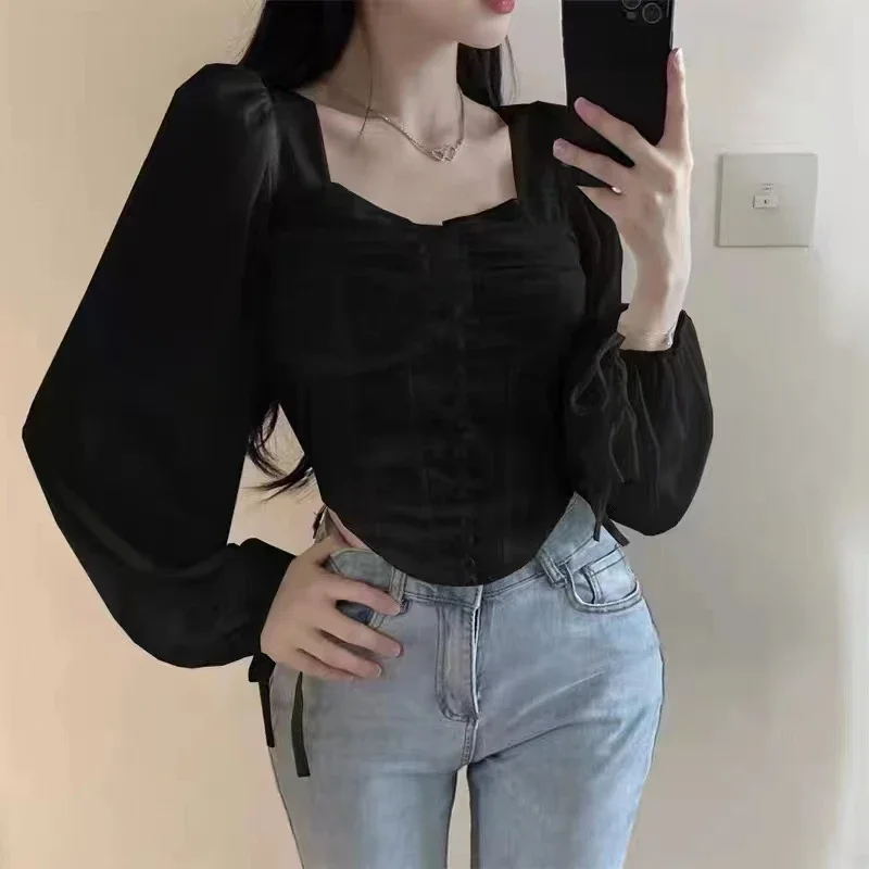 Sweet Patchwork Gauze Blouse Women Sexy Square Collar Crop Tops Tunic Fashion Korean Blusas De Mujer 2024 Bow Y2k Shirts