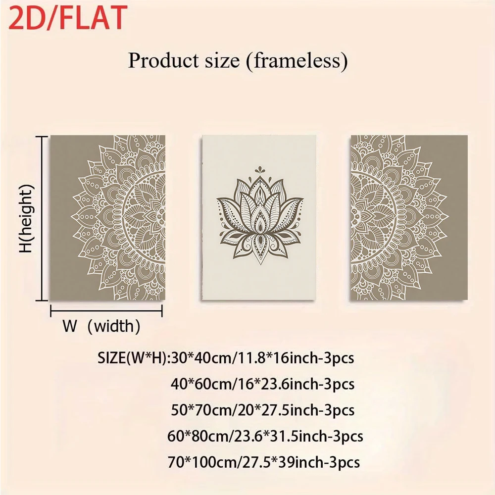 3PCS Large-sized frameless canvas paintings,1 Set Modern Minimalist Mandala Lotus triptych frameless Wall Art for Living Room So