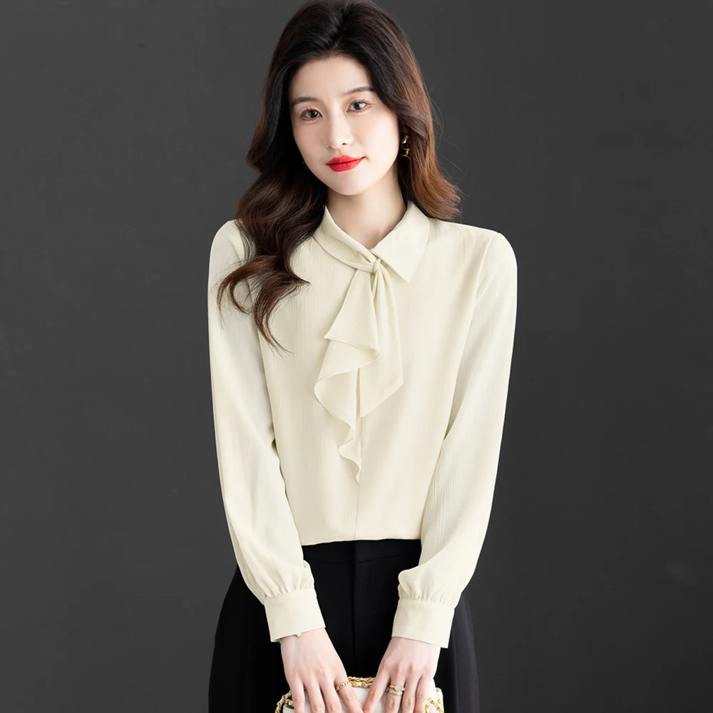 Spring Autumn Elegant Fashion Scarf Collar Shirt Ladies Long Sleeve Solid Color Simple  Korean OL Style Tops Women Casual Blouse