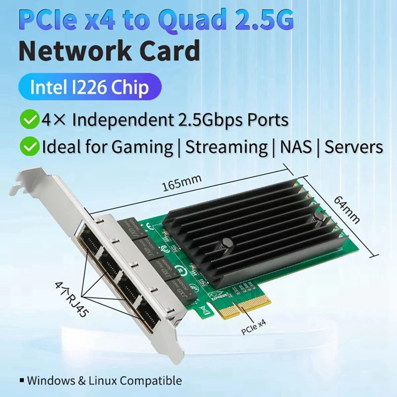 

PCIe 4 Port 2.5G RJ45 Network Card I226 Chips PCI Express 100/1000M/2500Mbp Gigabit Ethernet Adapter Card for PC Laptop-ABVP