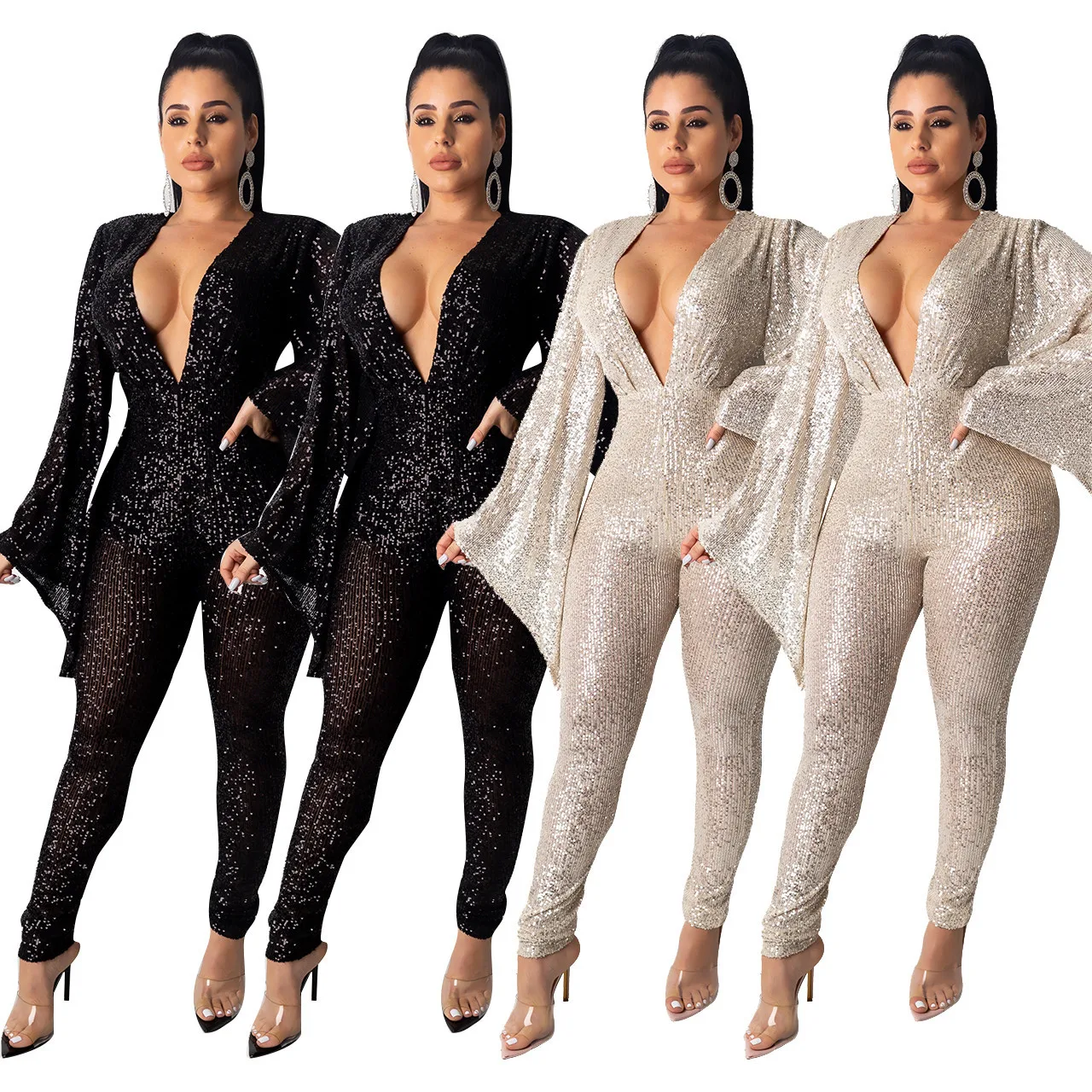 

Sexy Slimming Nightclub Party Party Club Mesh See Through Deep V Sequins Wide Sleeve Jumpsuit