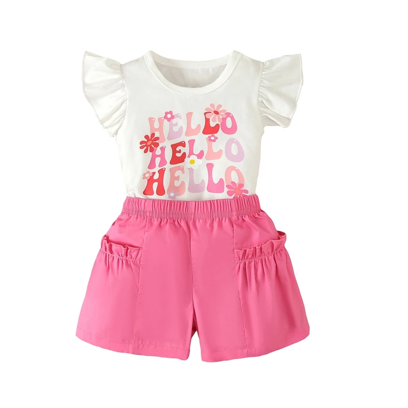 

Toddler Girl Summer Clothes Letter Flower Print Flying Sleeve Round Neck T-Shirt with Solid Color Shorts 2 Pcs Outfit