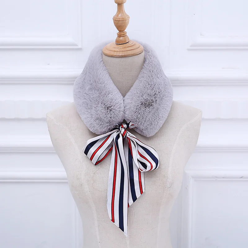 Syal bulu imitasi kelinci gaya Korea baru untuk musim dingin, syal pita, kerah bulu, warna solid, serbaguna, trendi