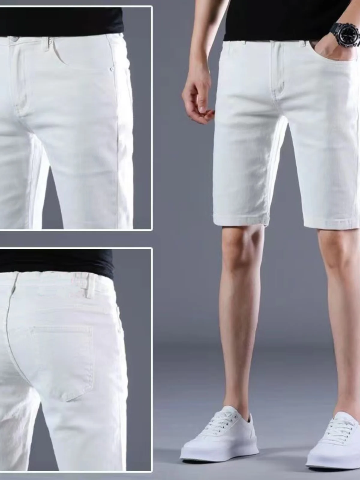 

Элитные модные мужские джинсовые шорты чисто белого цвета, приталенные, прямого кроя, тонкие, летние, легкие, длиной до середины икры