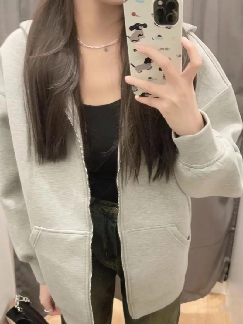 Women's Hooded Zip Up Long Sleeve Loose Jacket Fashion Oversized Casual Tops Sweatshirt Street Basic Sports Wear Vintage Clothes