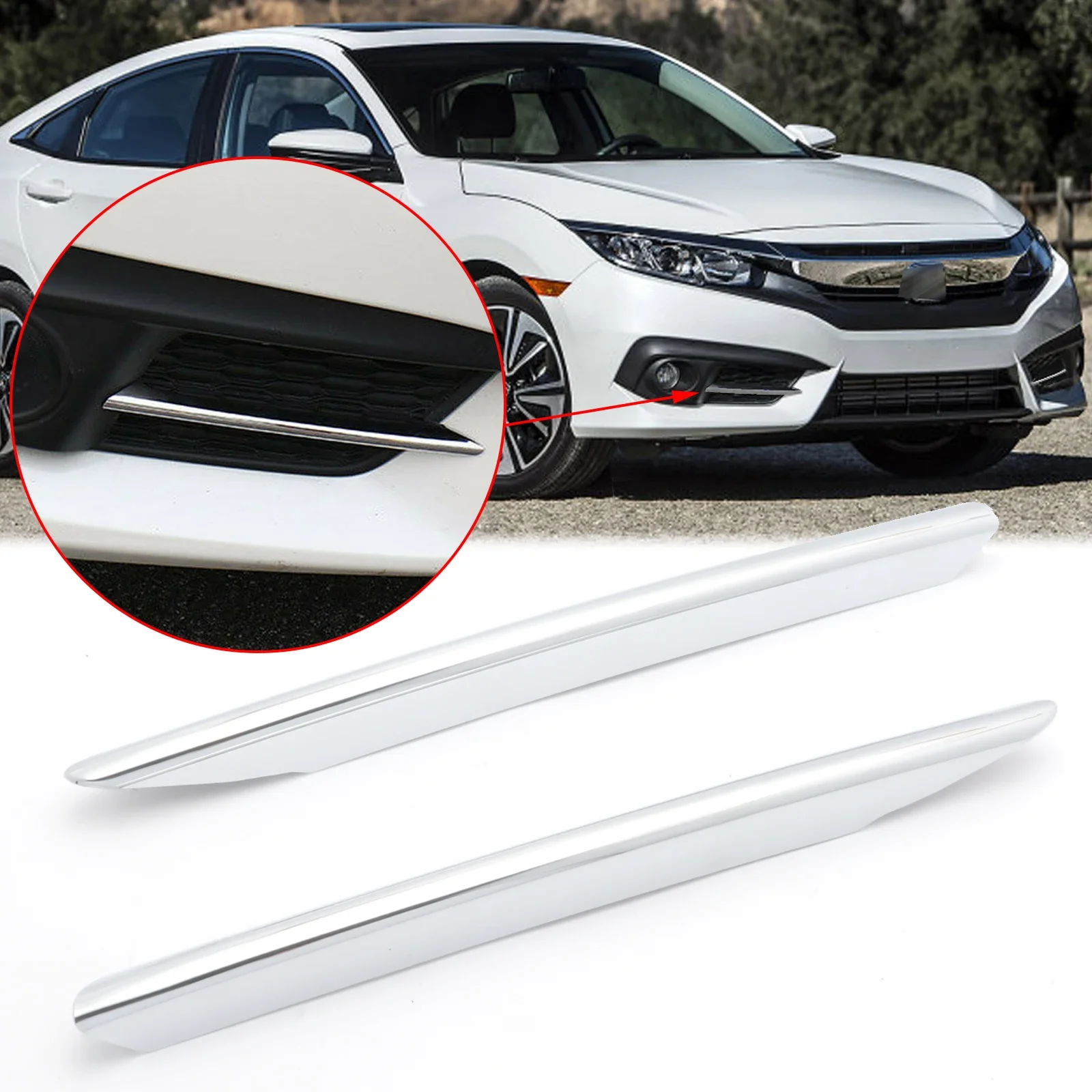 

1Pair Chrome Silver Front Bumper Fog Light Lamp Strip Cover Molding Trims Protective Decoration For Honda Civic 2016 2017 2018