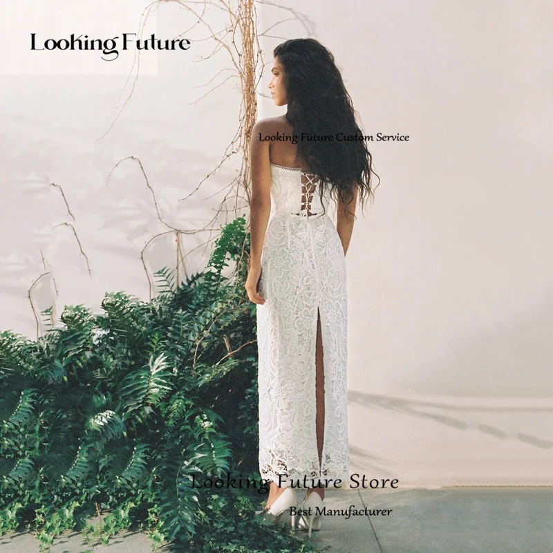 モダンなホワイトマーメイドウェディングドレス足首までの長さのノースリーブイリュージョンレースアップリケシンプルなストラップレスバックレス2025ガウンカスタマイズ