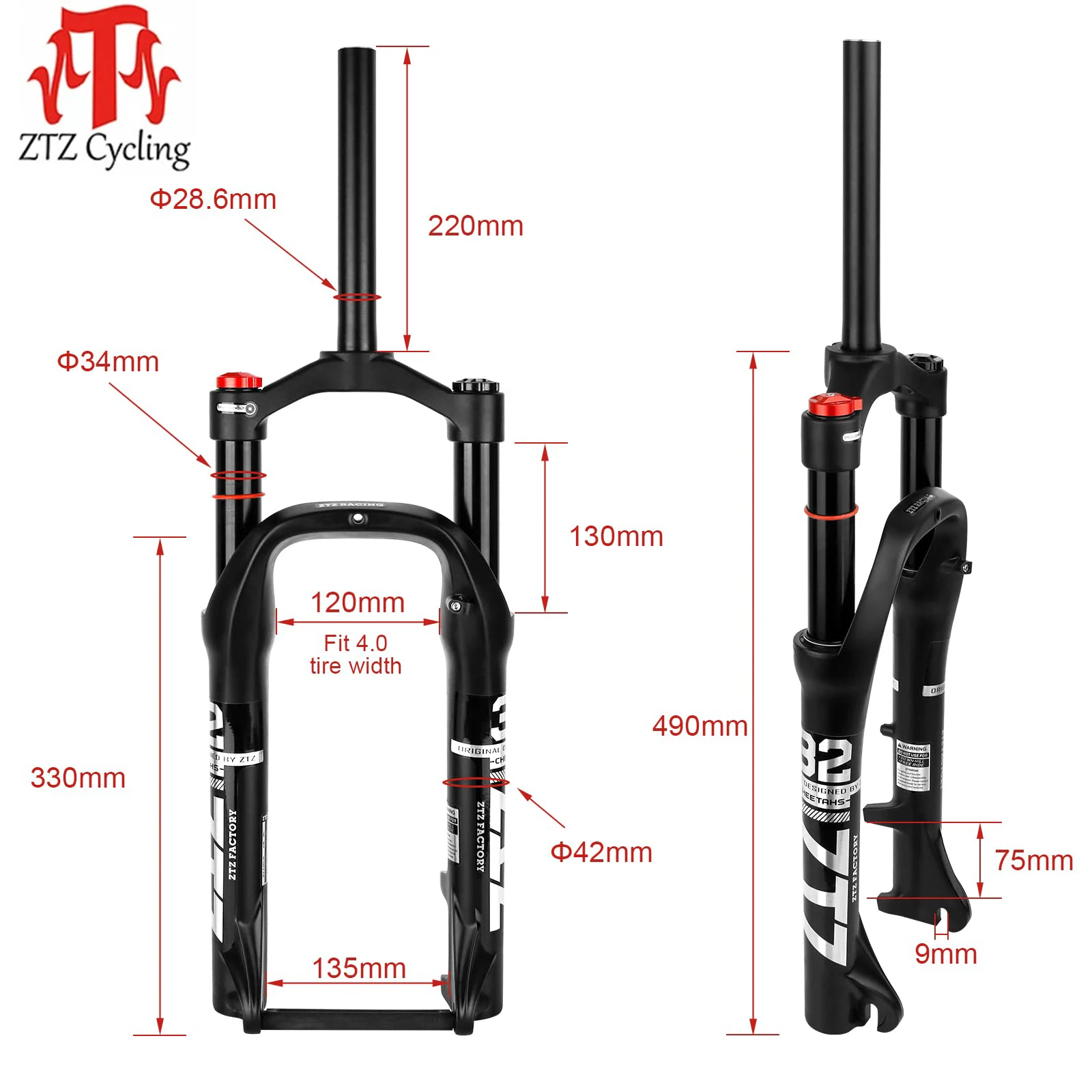 ZTZ 20 inch Snow Bike Air Fork - Beach Bike Fork 135MM Magnesium Alloy Bike Fat Suspension Fork for 4.0 Tire