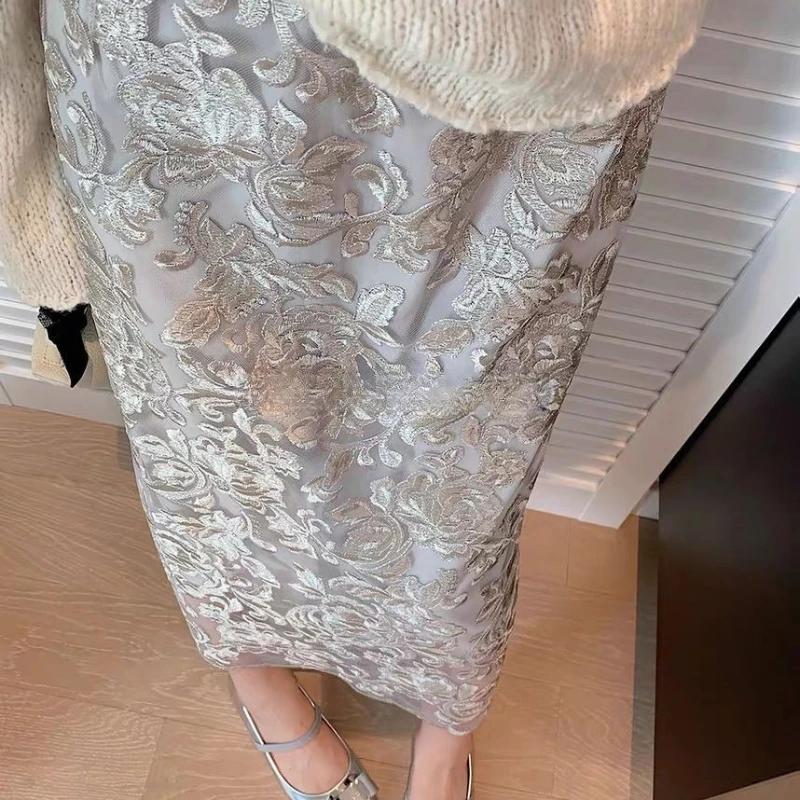 

Spring Summer Women Elegant Luxury Embroidery Lace A Line Middle Length Skirt , Korean 2025 New Beige Silver Skirts for Woman