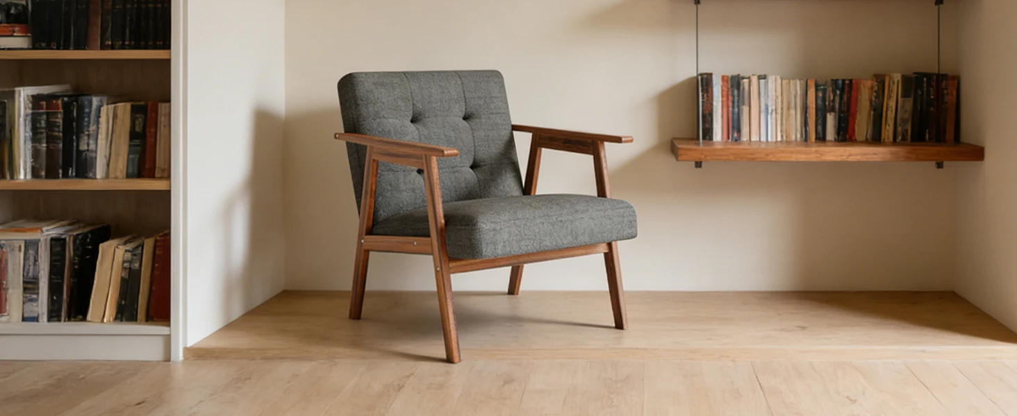 

Кресло в стиле Mid-Century Modern с отделкой под орех, с толстой удобной подушкой, для гостиной, спальни, офиса, темно-серое