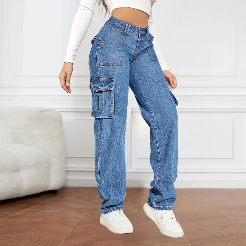 Grote Damesjeans Amerikaanse Retro Mid-Taille Tooling Jeans Met Meerdere Zakjes Dames Casual Rechte Broek S-2XL