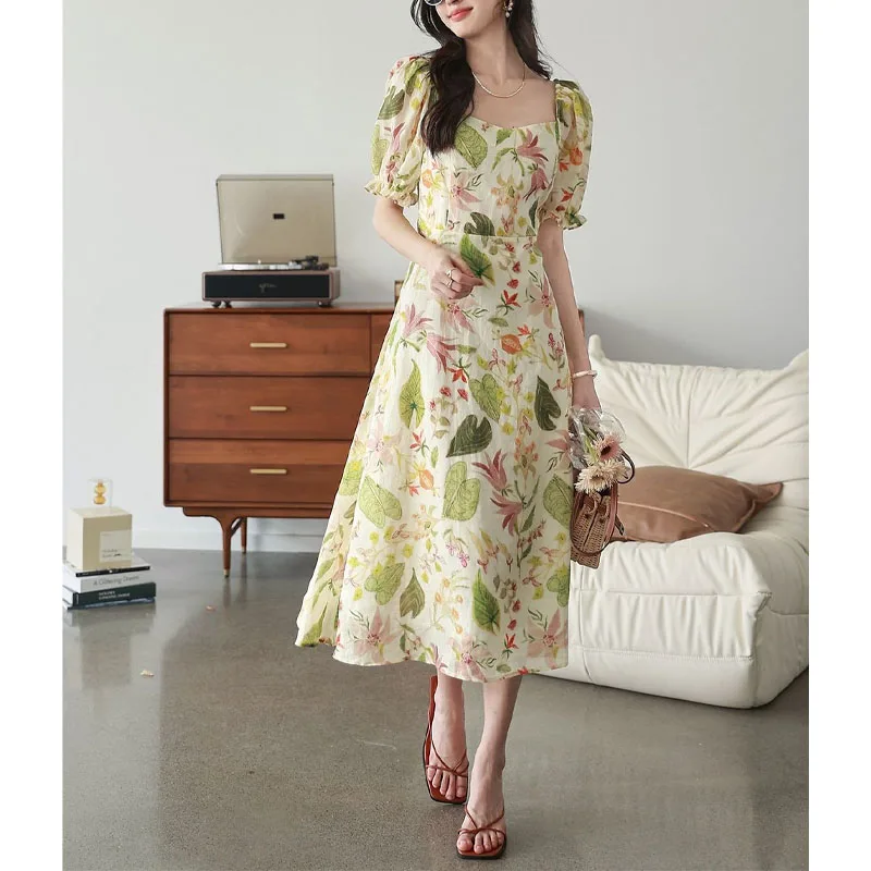 

Tea Break Plant&Flowers French Floral Dress Women Summer New Temperament on Vacation Square Neck Puff Sleeve Chiffon Long Dress