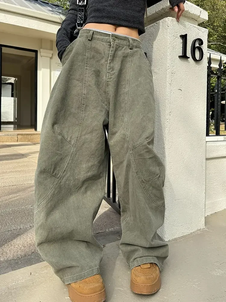 Women's Solid Color Military Green Curved Wide Leg Trousers Street Girl Bottoms Female High Waisted Autumn Vintage Unisex Pants