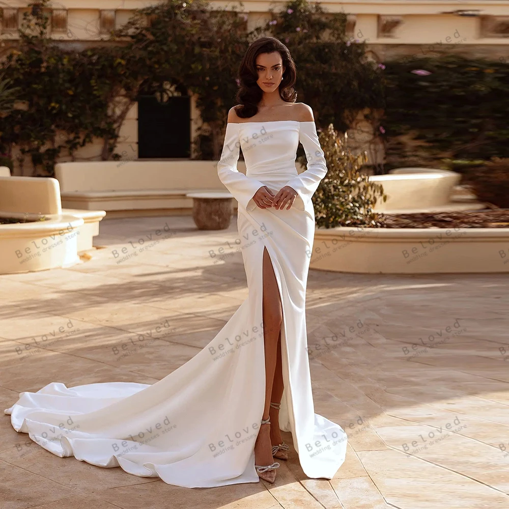 

Simple Satin Wedding Dresses Graceful Bridal Gowns Off The Shoulder Robes Sexy High Slit Elegant Vestidos De Novia Customized
