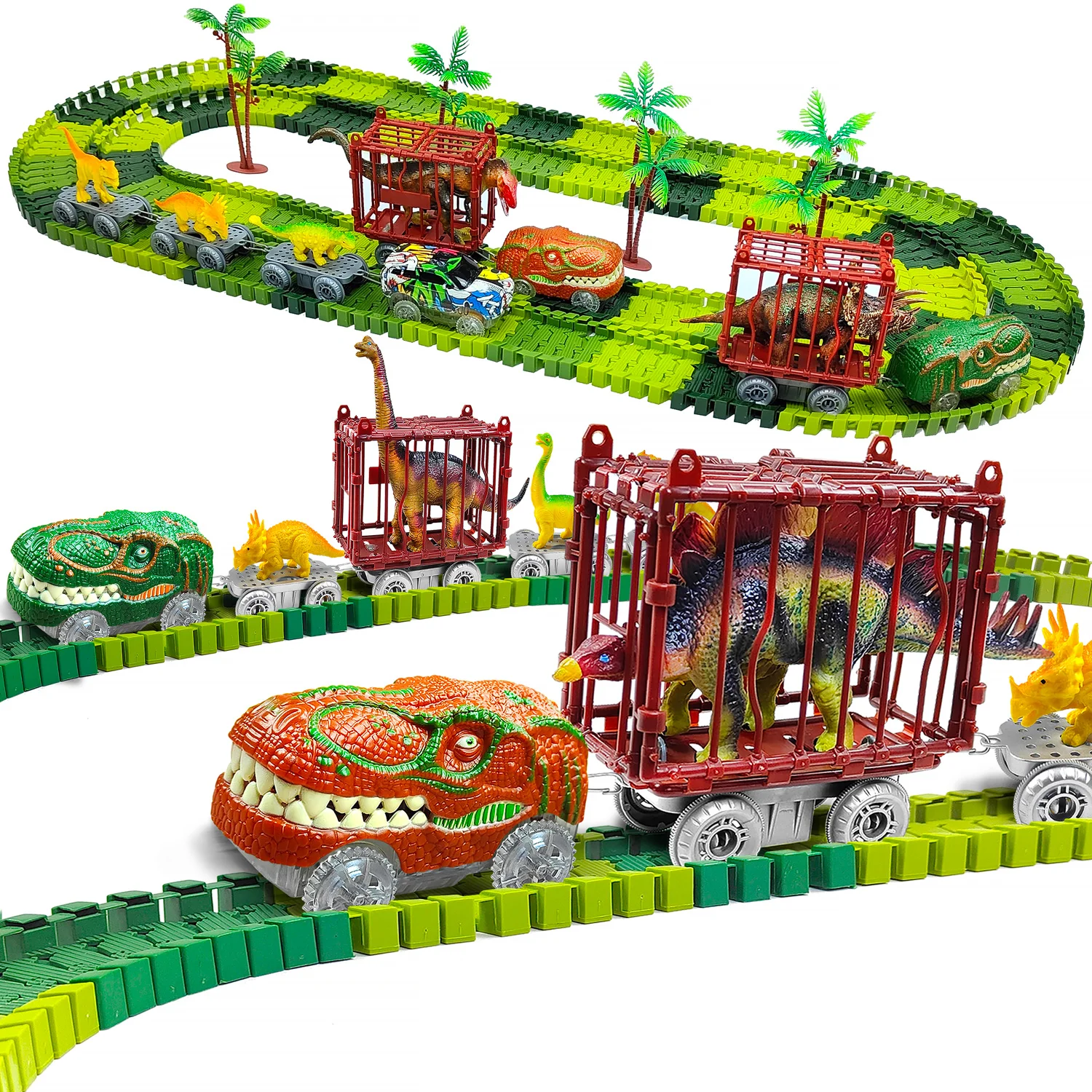 Brinquedos do dinossauro, corrida de estrada do mundo do trem do dinossauro, carro legal flexível do dinossauro do playset da trilha para 3 4 5 6 anos & acima do presente velho das meninas do menino