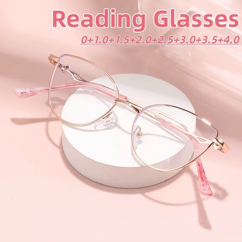 

Fashion Cat Eye Reading Glasses for Women, Anti Blue Light Metal Frame, Elegant Mature Ladies Presbyopia Glasses +1.0+1.5+2.0