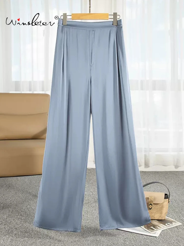 

Winsleter, 93%Natural Silk Elegant Wide Legs Pants, Women Elastic Waist Solid, Loose Literature Pants, 2024 Summer Fall B48431QC