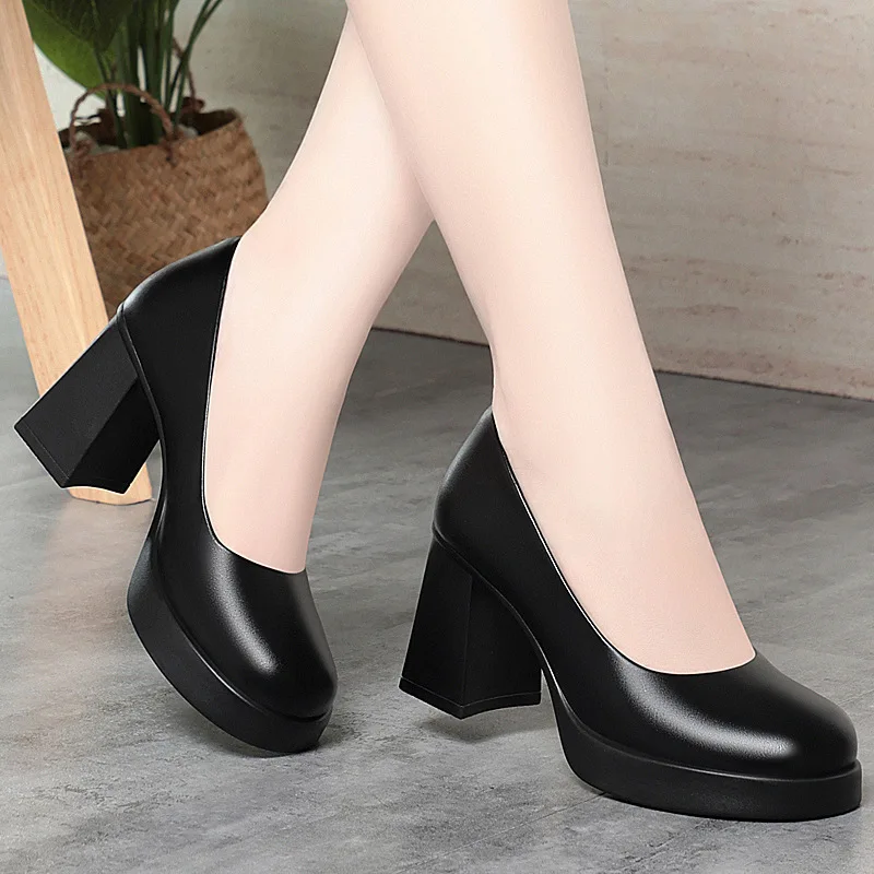

8cm Breathable Comfortable Soft Leather Shoes Platform Pumps 2025 Spring Block High Heels Shoes for Office Model Court Dress