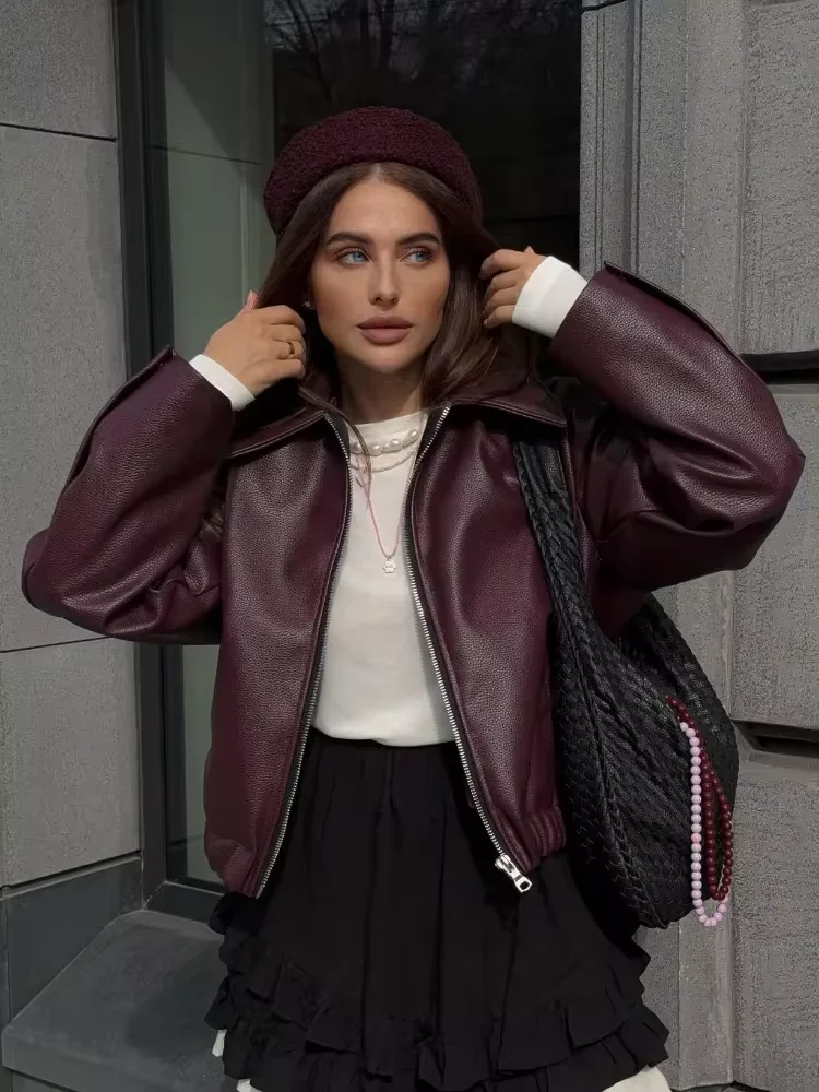 Fashion Zipper Pu Leather Short Jackets Women Elegant Long Sleeves Lapel Bomber Jacket 2024 New Lady Commute Streetwaer