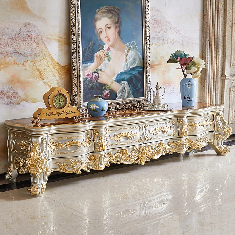 European style TV cabinet, coffee table, TV cabinet, luxury villa, high-end living room, solid wood carved floor cabinet