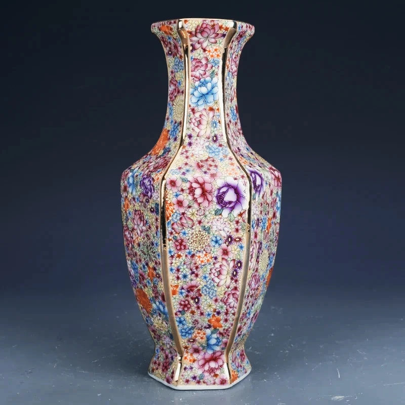 

Jingdezhen Antique Handicrafts Qing Dynasty Qianlong Enamel Golden Hexagonal Flowers Vase Antique Collection Ornaments