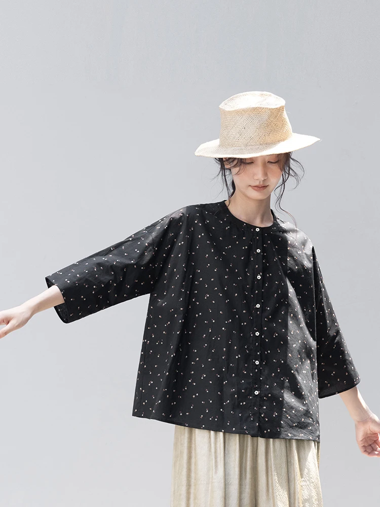 

New Le Collection 00% Cotton Printed Thin round Ne Button up Seven Sve Women's Casual Loose Fit irt Regular Length