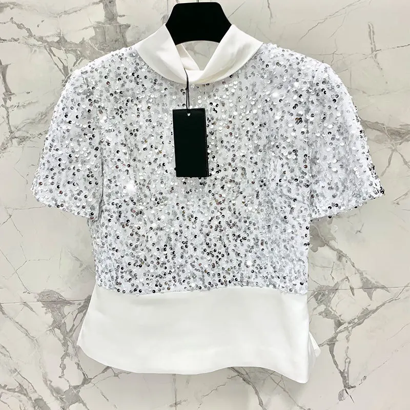 Fashion Sequined Short Sleeve Tops Multicolors Women's High Collar Slimming T-Shirts Summer New Top Quality Y2K Clothing Runway