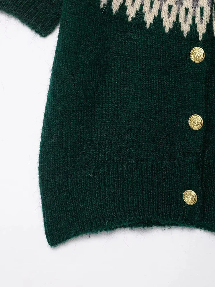 Cárdigan de punto Jacquard para mujer, Otoño Invierno, un solo pecho, manga corta, cuello redondo, suéter corto de otoño, prendas de vestir exteriores