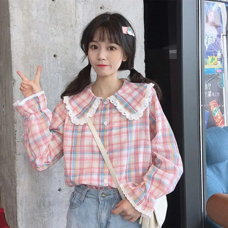 Japanisches langärmliges kariertes Hemd aus Baumwollleinen für Damen, lockeres Studentenhemd im neuen Stil, kleines, frisches und süßes Oberteil