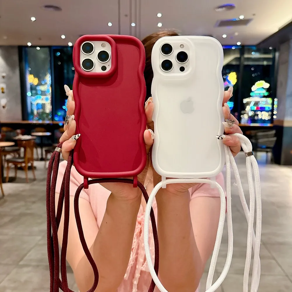 

Crossbody Necklace Strap Lanyard Phone Case For iPhone 16 15 14 13 Pro Max Curly Wave Shockproof Bumper Cover Soft Funda