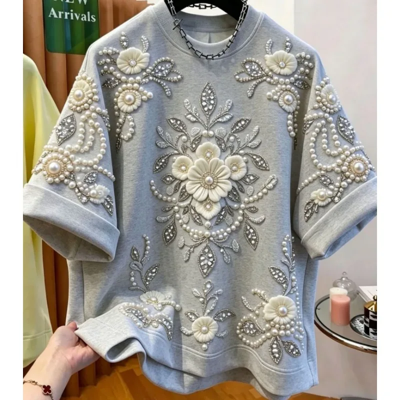 Men and Women Laid-back Vibe New Loose-fitting Short-sleeved T-shirt with Beaded Embroidery Extra-large Size Versatile Top Both