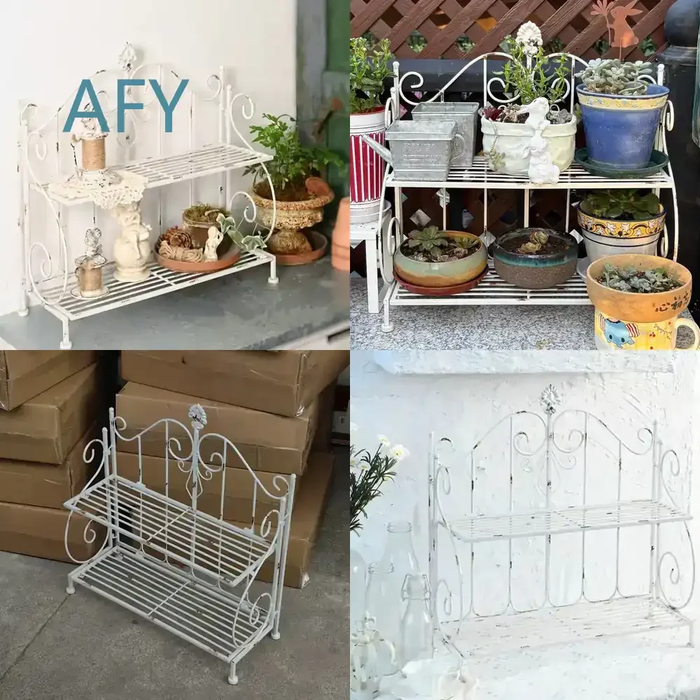 Vintage White Metal Garden Shelf for Indoor Outdoor Use 2-Tier Decorative Display Rack with Scrollwork Design French Country