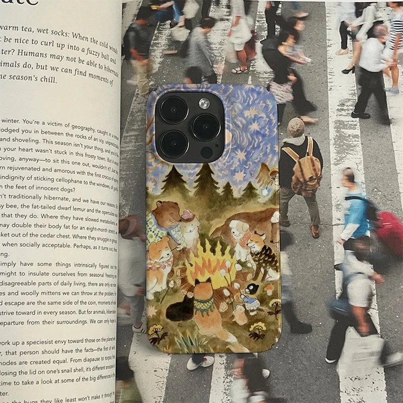 Ins Korean Animal Bonfire Party Graffiti Art Cartoon Picnic Cat Case for IPhone 16 15 14 13 Pro Max 12 Pro 16 Plus Matte Cover