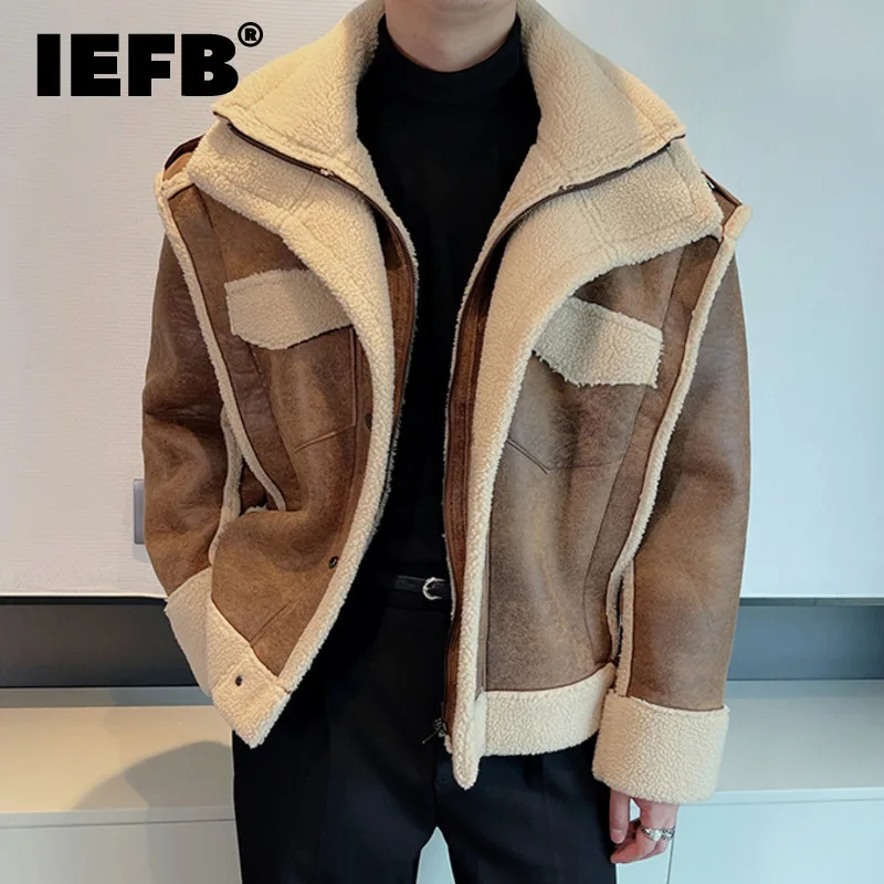 

IEFB American Style Men's Pu Leather Coats Thickened Double Collar Zipper Casual Contrast Color Male Jackets New Tide 9C7732