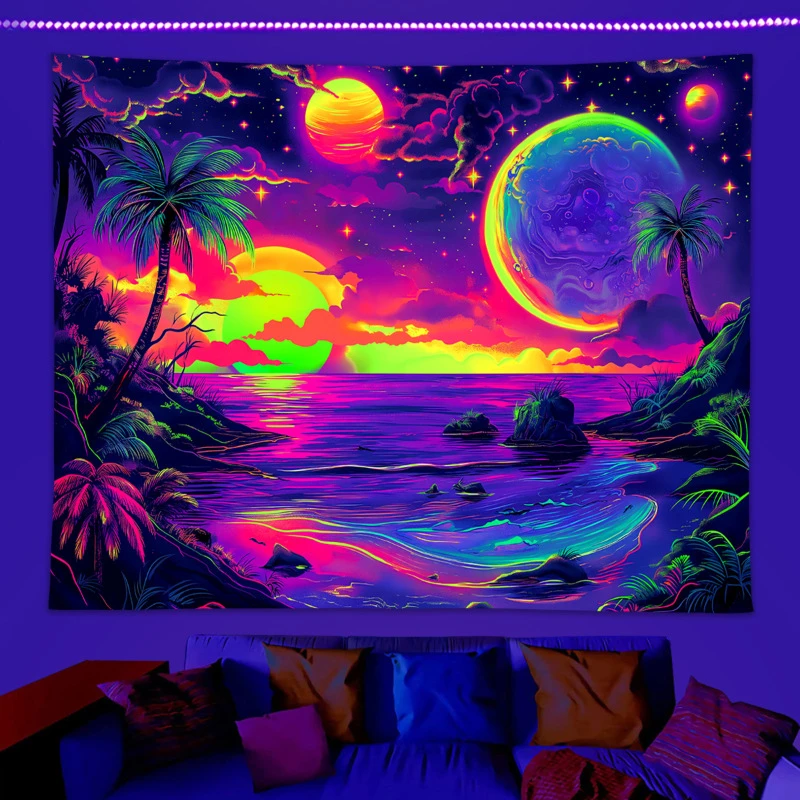 VIKAMA Neon Tropical Beach Sunset Tapestry Wall Hanging, 6 Designs, Wall Decor for Bedroom Living Room Dorm