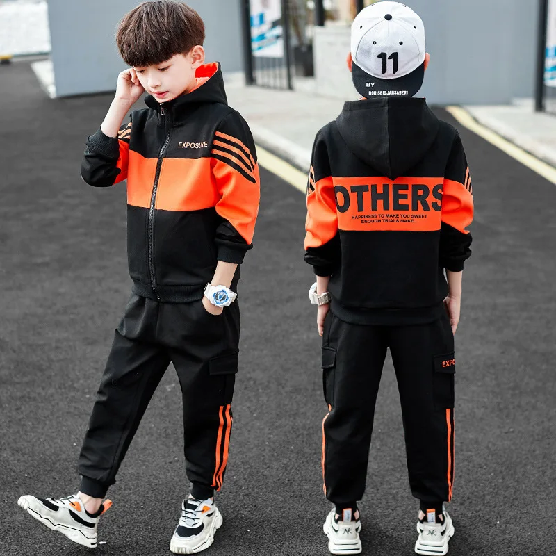 2024 autumn Child Tracksuit Hooded Clothes Boys Sport Suit Teen Kids Cotton zipper Hoodies jacket + striped Pants 5 8 10 12 year