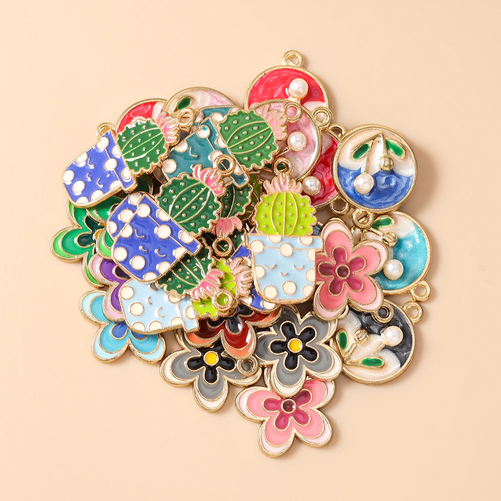 10 Stück niedliche, gemischte Pflanzenanhänger, Emaille-Blumen- und Kaktus-Anhänger für die Schmuckherstellung, Halsketten, Ohrringe, Armbänder, DIY-Bastelarbeiten, Geschenk – Detail 4