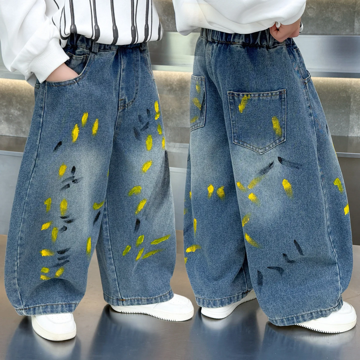 Kids Fashion Painting Baggy Jeans For Teenager Boys Trendy Street Graffiti Denim Pants Children Wide Oil Print Jeans Trousers