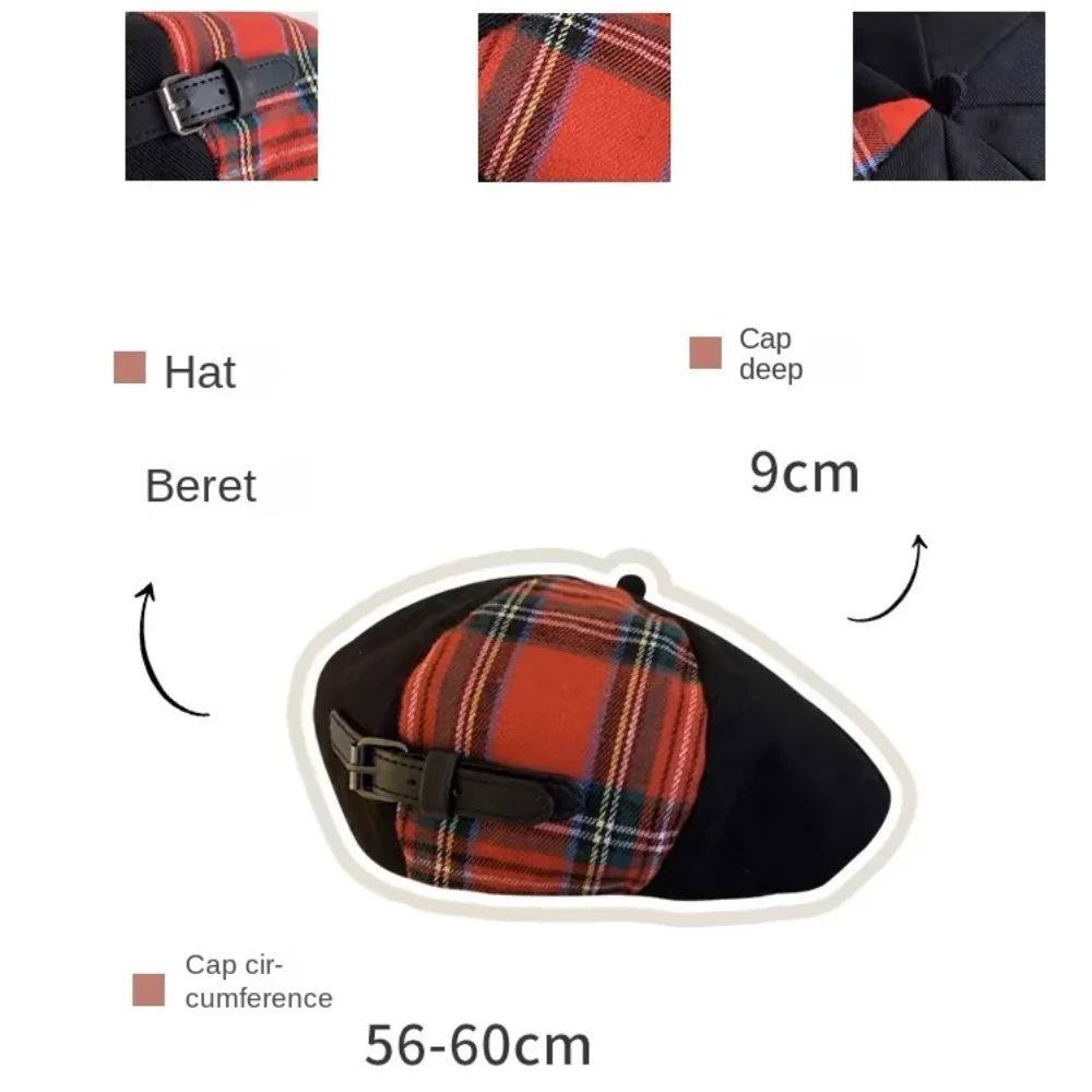 Keep Warm Vintage English Hat Sweet Large Head Girth Red Tartan Beret Ventilate Bob Hat Thick Octagonal Cap Clothes Accessories