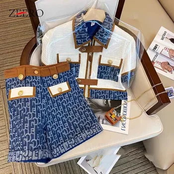 Zomer Vintage Denim Broek Tweedelige Set Vrouwen Contrast Kleur Rits Jas Shirt Crop Top + Hoge Taille Wijde Pijpen Shorts Pakken