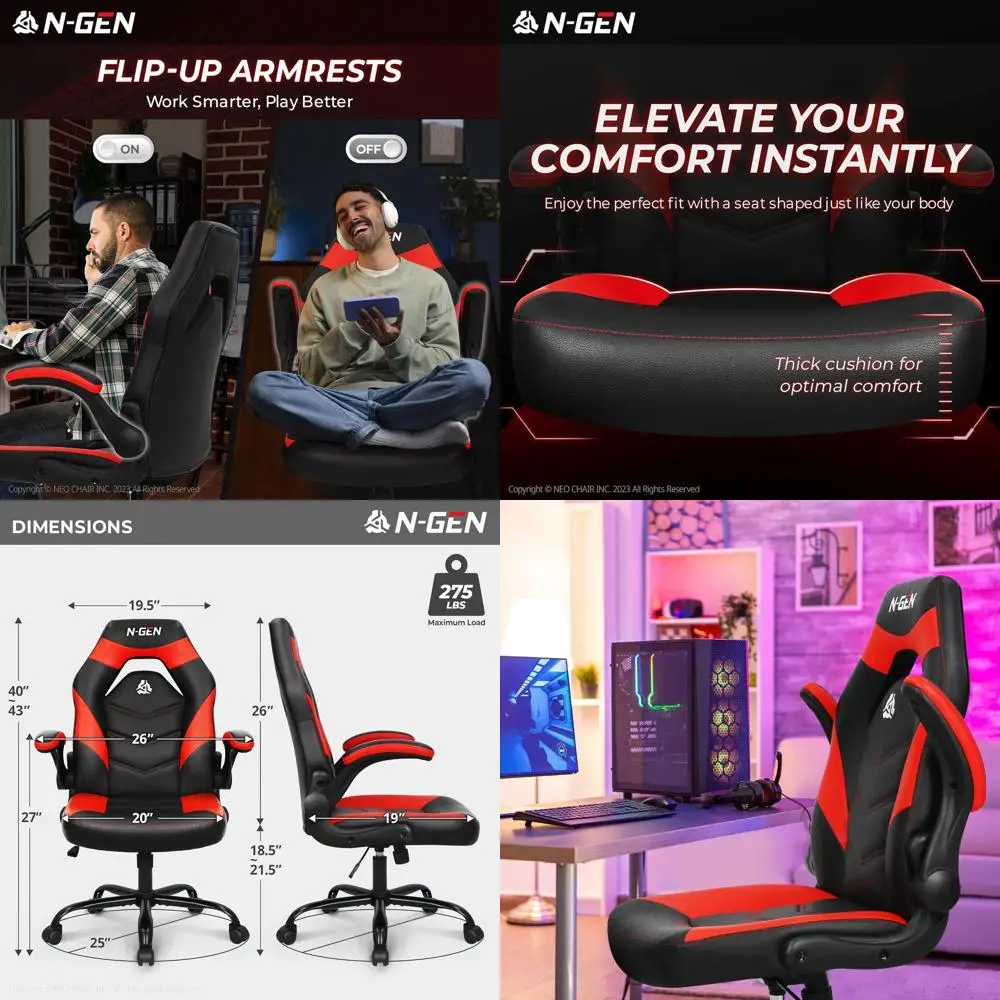 

Ergonomic PU Leather Swivel Chair with Adjustable Height, Lumbar Support, Flip-Up Arms for Home and Office Gaming (Red)