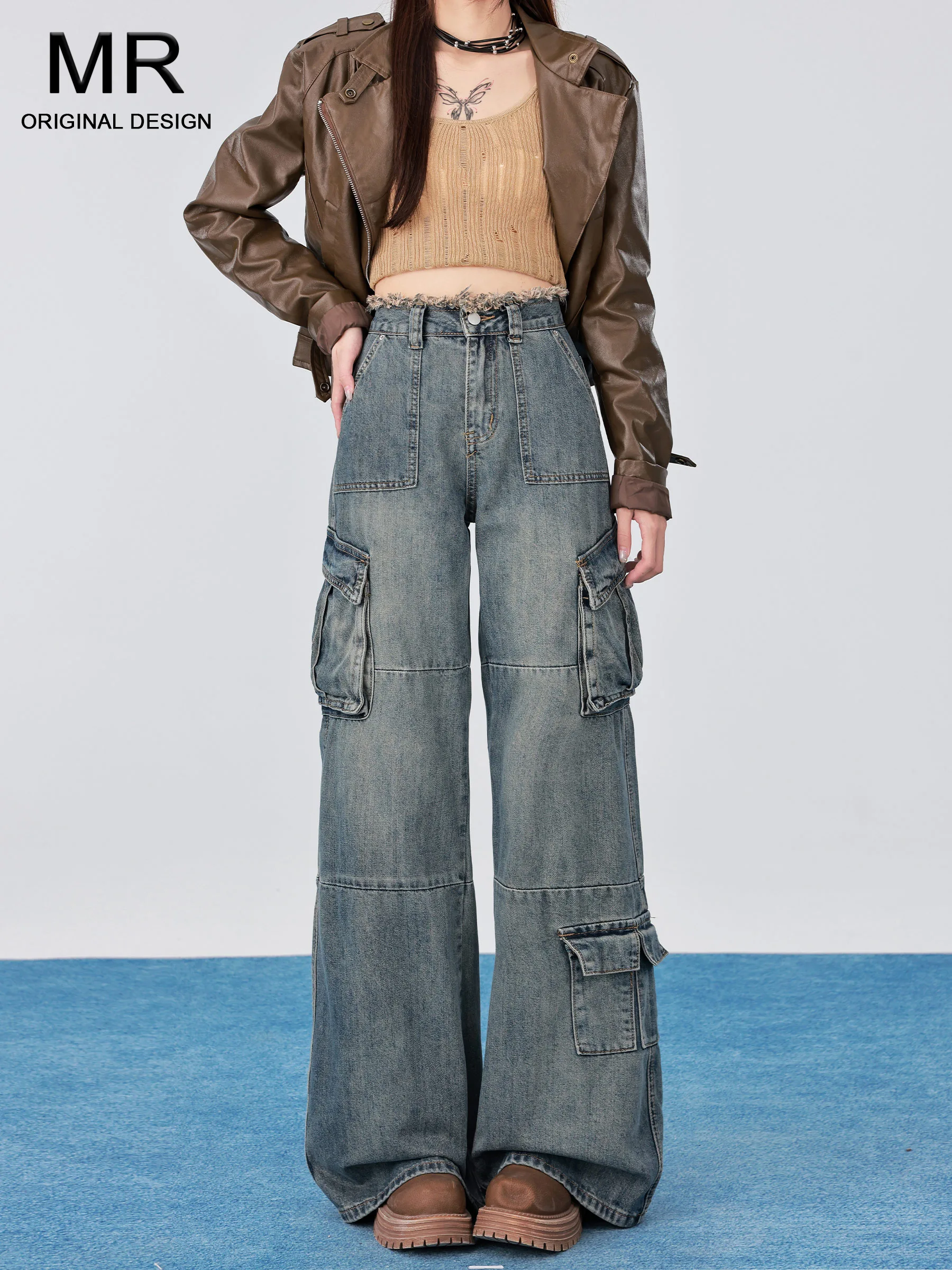 

High Waist American Retro Workwear Denim Pants Women's Autumn New Style Frayed Waist Multi Pocket Floor-Length Wide Leg Pants
