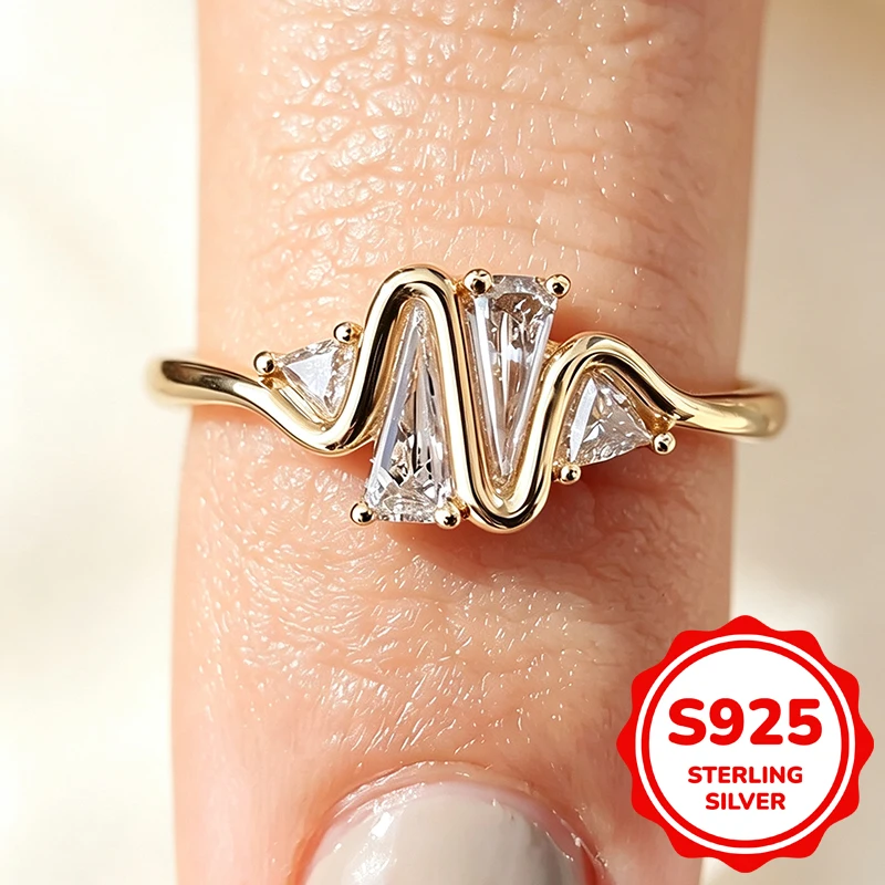 Genuine 925 Sterling Silver Ring for Women 14K Gold Tapered Baguette Zircon Wave Band Elegant Jewelry Wedding Party Gift