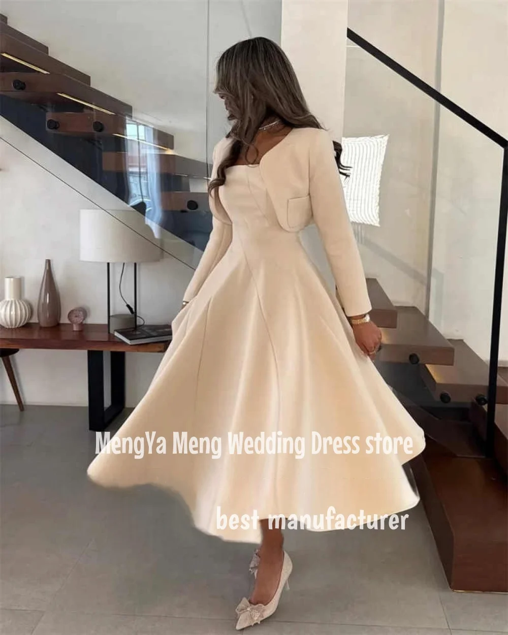 ZHUISHU Abiti da sera semplici a linea A con giacca Colletto quadrato Collo a metà polpaccio Abito da festa di nozze Cerniera posteriore Personalizzato