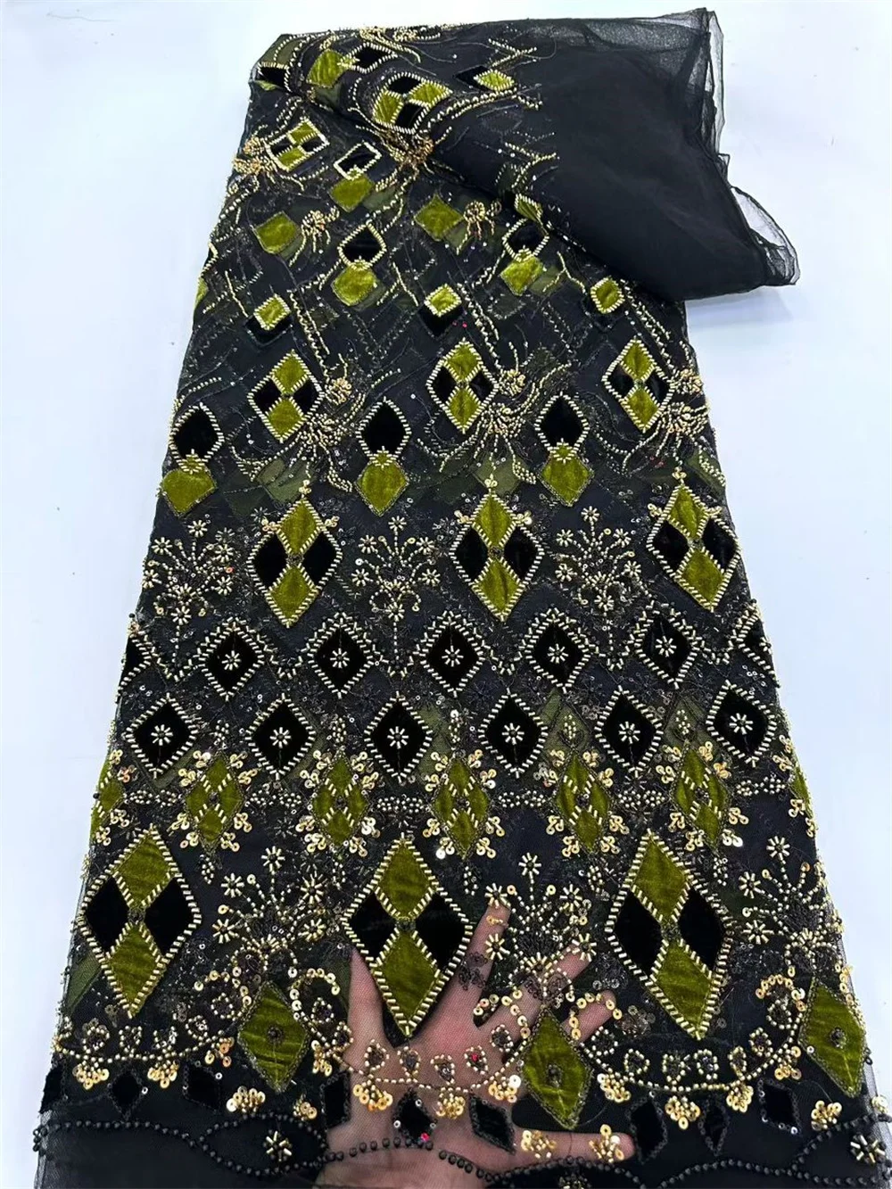 

5 Yards Velvet Beads Tulle Lace High Quality African Embroidery Lace Fabric 2025 Nigerian Green Sequins Lace For Sewing H175-1