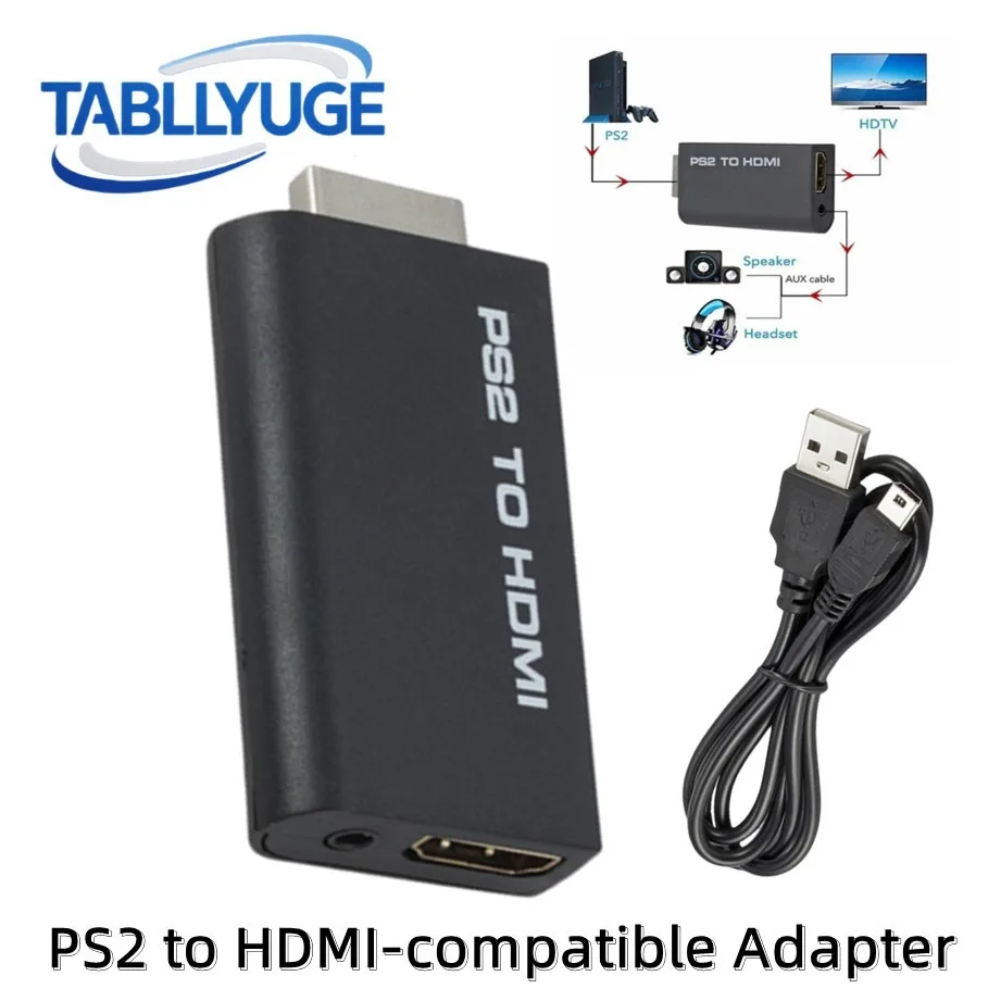 Adaptador compatível com PS2 para HDMI Conversor de áudio e vídeo com saída de áudio de 3,5 mm com cabo USB suporta todos os modos de exibição de PS2