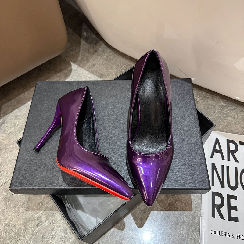 Glossy Red Pointed-toe Patent Leather High-heeled Women's ShoesPurple Luxury Party Dress Shoes Sexy and Elegant Stiletto Heels